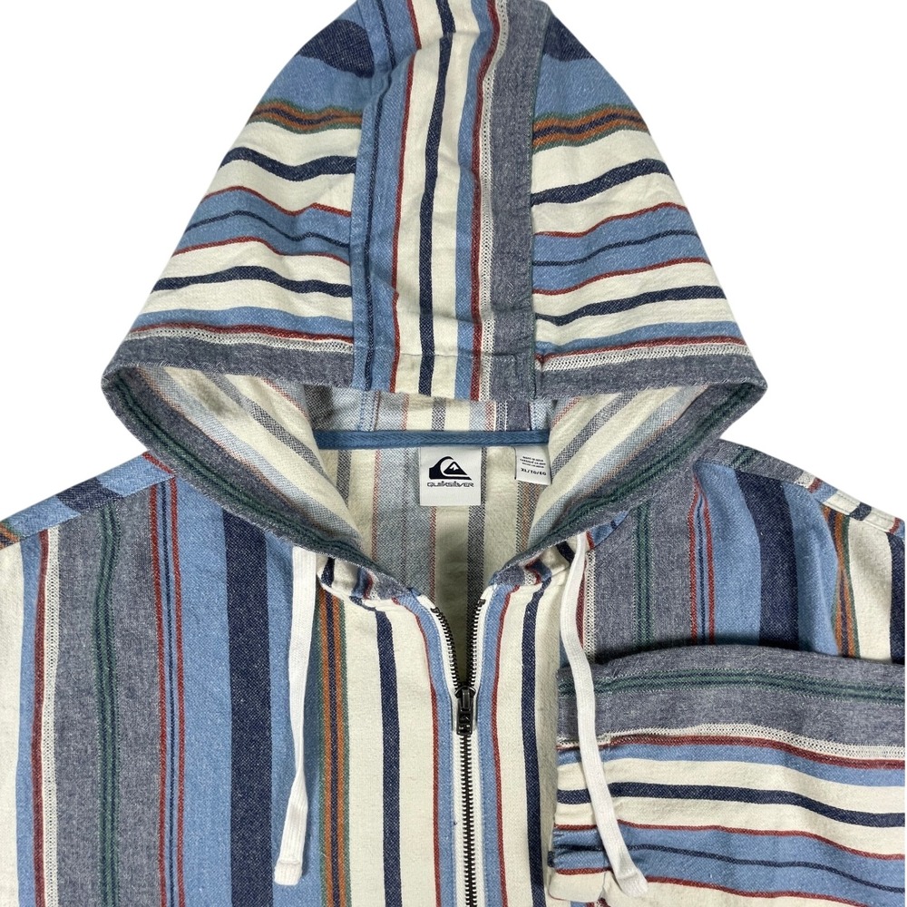 Quiksilver Hoodie Mens XL Blue Striped Baja Pullover Quarter Zip Kangaroo Pocket